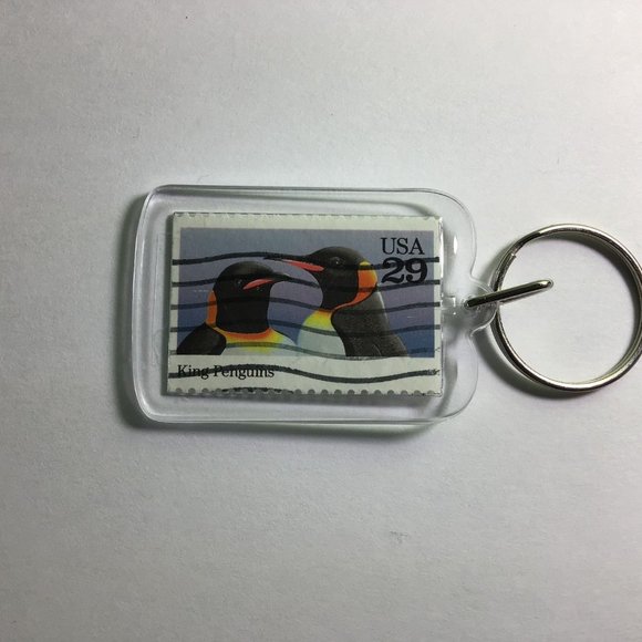 Penguin Keychain - Upcycled Recycled Postage Stamp Key Chain - Picture 1 of 8